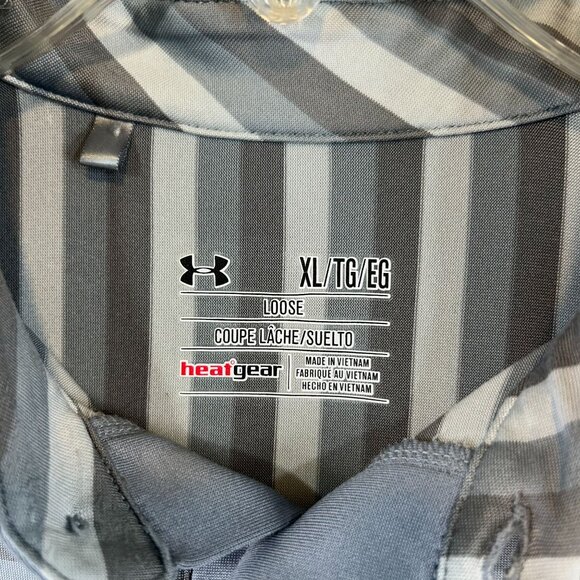 Under Armour Grey Striped Polo Shirt Coldblack UV Protection Loose Fit Mens XL - Picture 9 of 10